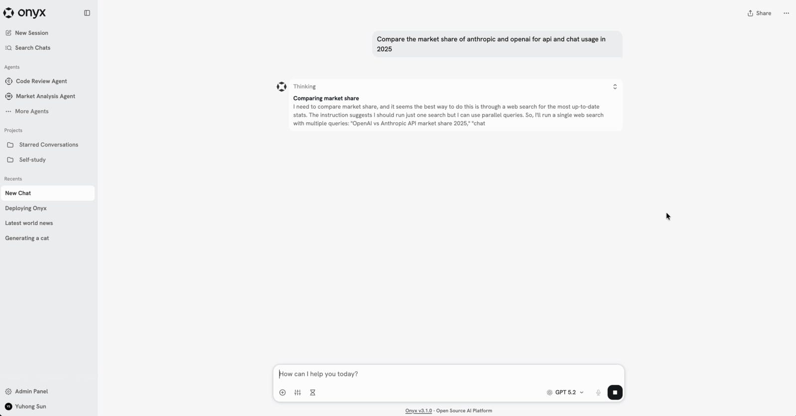 Onyx chat and search interface with a sidebar of custom agents and projects and a model selector in the composer