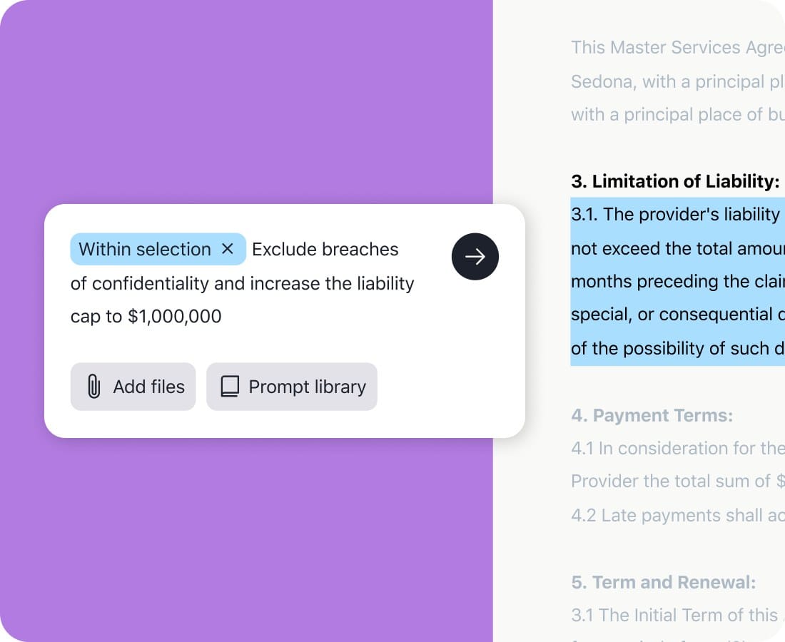 Ironclad contract editor showing an AI suggestion to exclude breaches of confidentiality and raise the liability cap