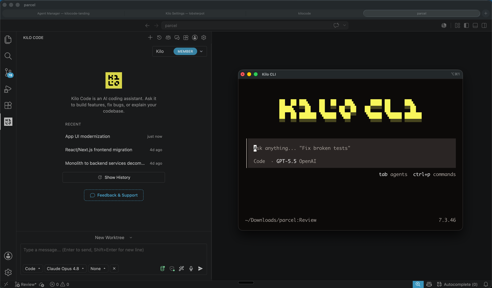 Kilo Code running side by side in the VS Code editor and in a terminal CLI session