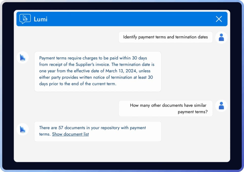 Luminance Ask Lumi chat interface answering questions about contract payment terms