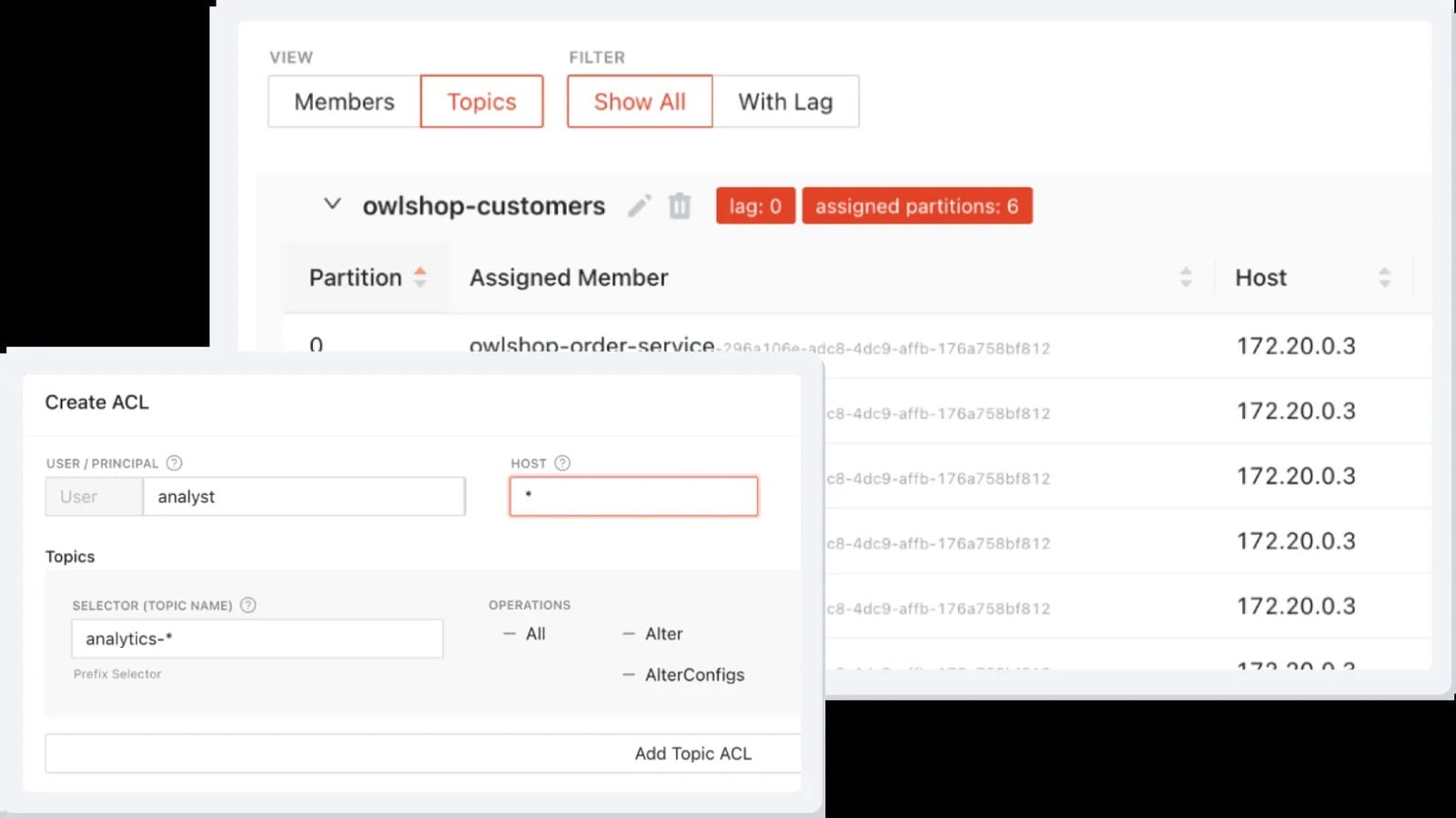Redpanda Console showing Kafka topic configuration with customer and order service partitions