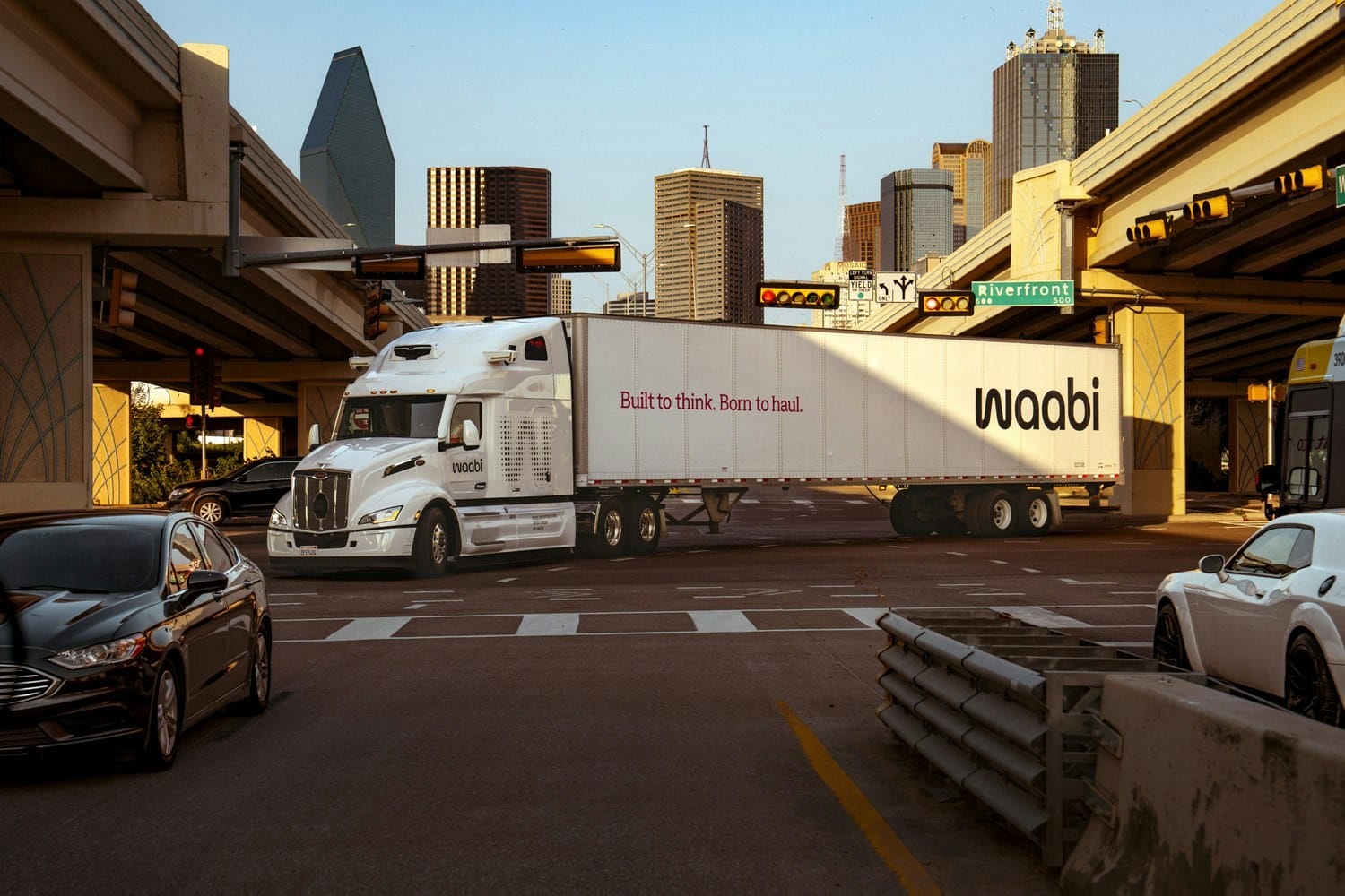 Waabi autonomous Class 8 truck driving through downtown Dallas