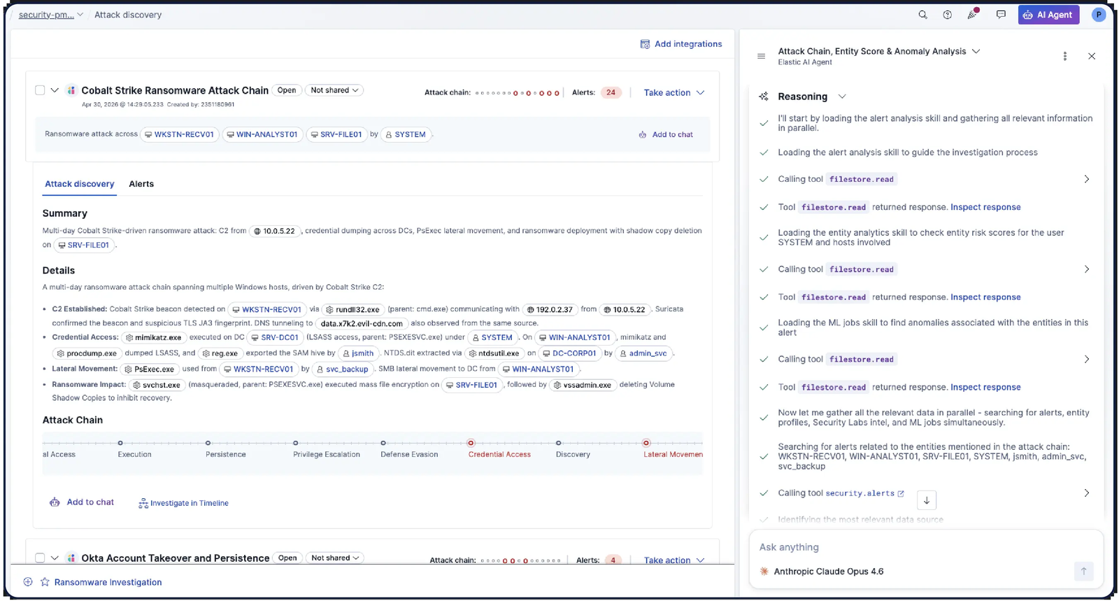 Elastic Security attack discovery triage view showing correlated alerts grouped into a single investigation