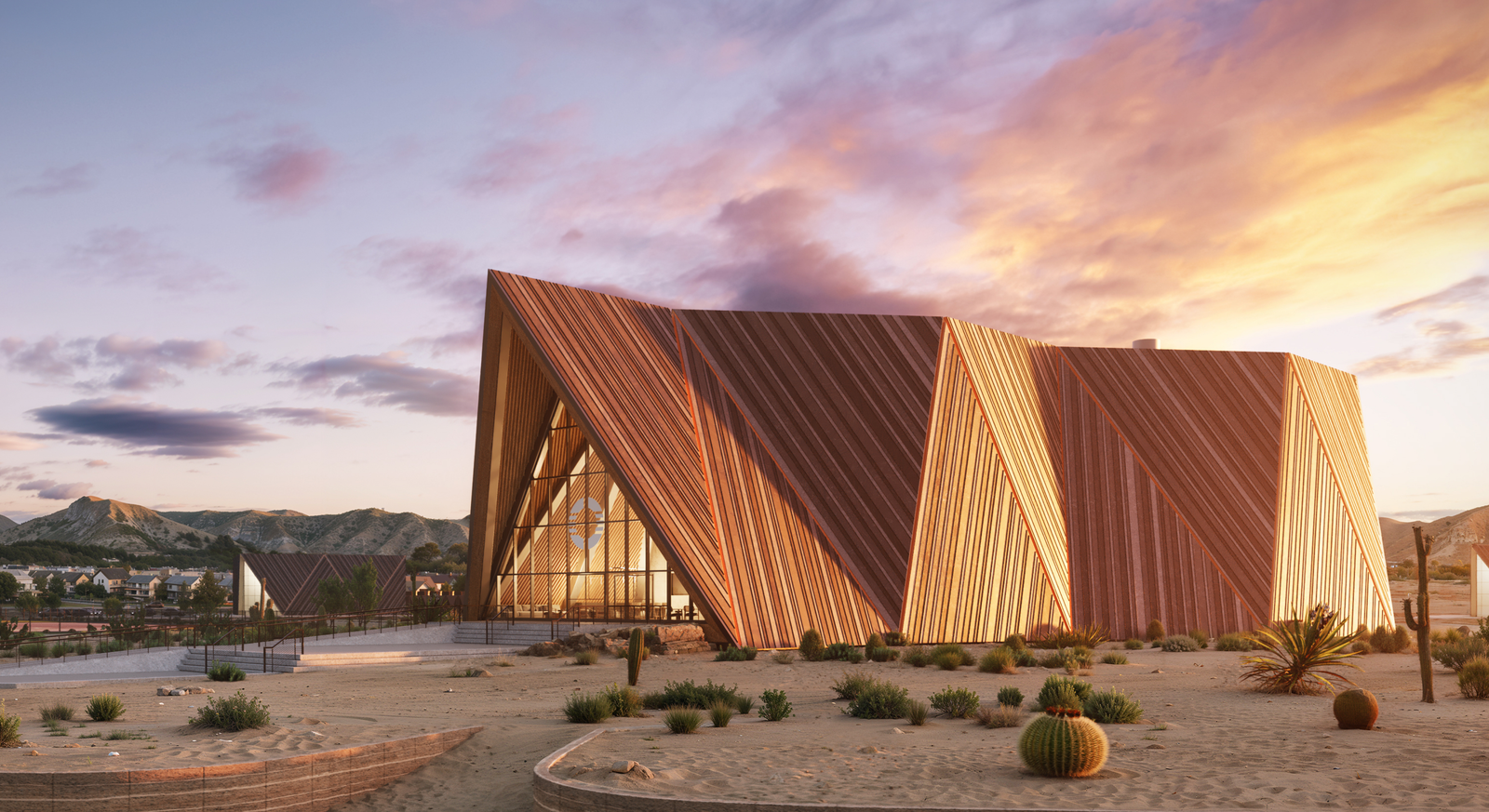 Architectural rendering of an Oklo Aurora Powerhouse building at dusk