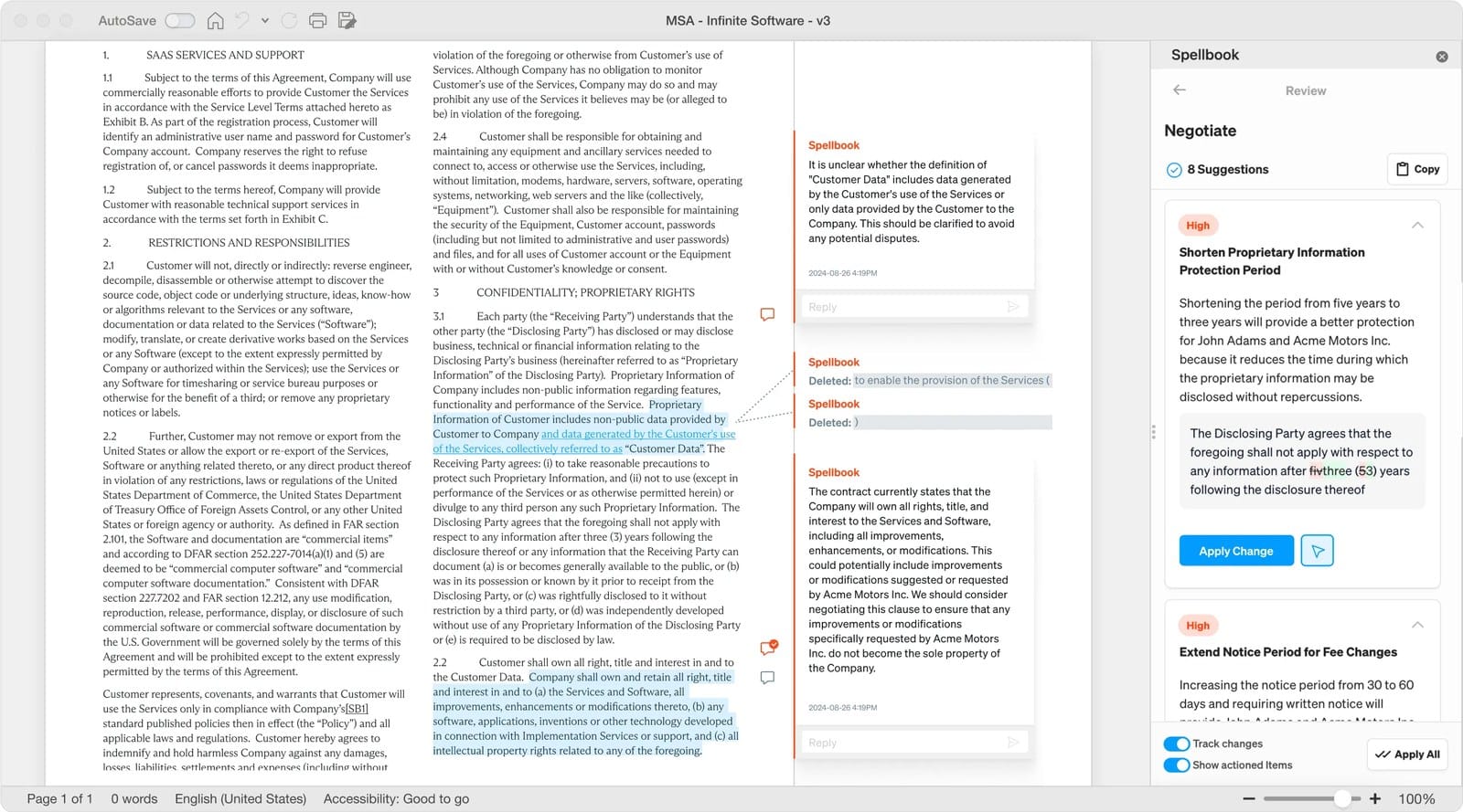 Spellbook contract review running inside Microsoft Word with suggested redlines