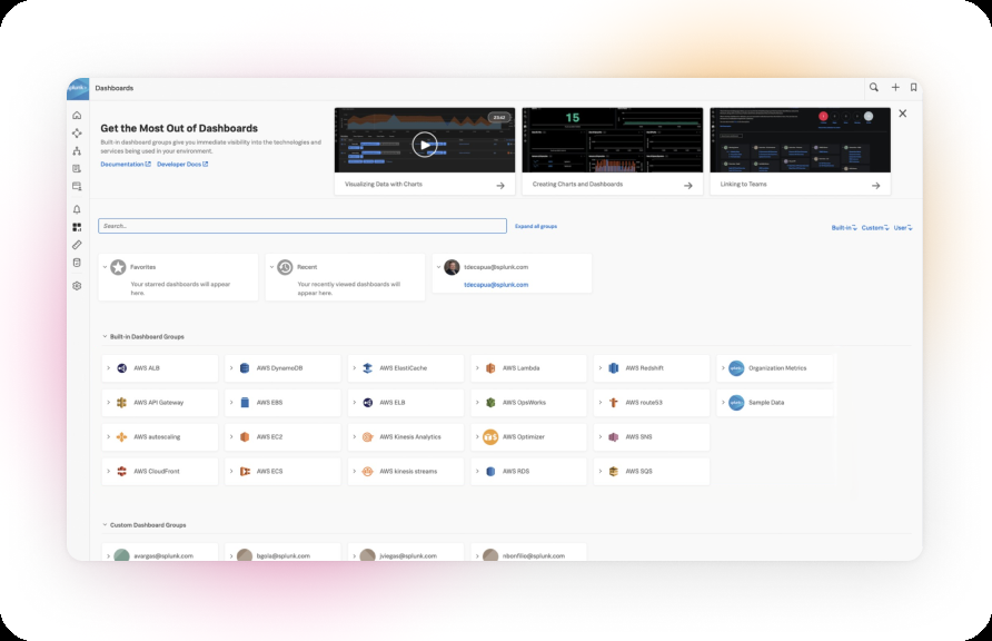 Splunk Observability Cloud product view showing service health and infrastructure monitoring