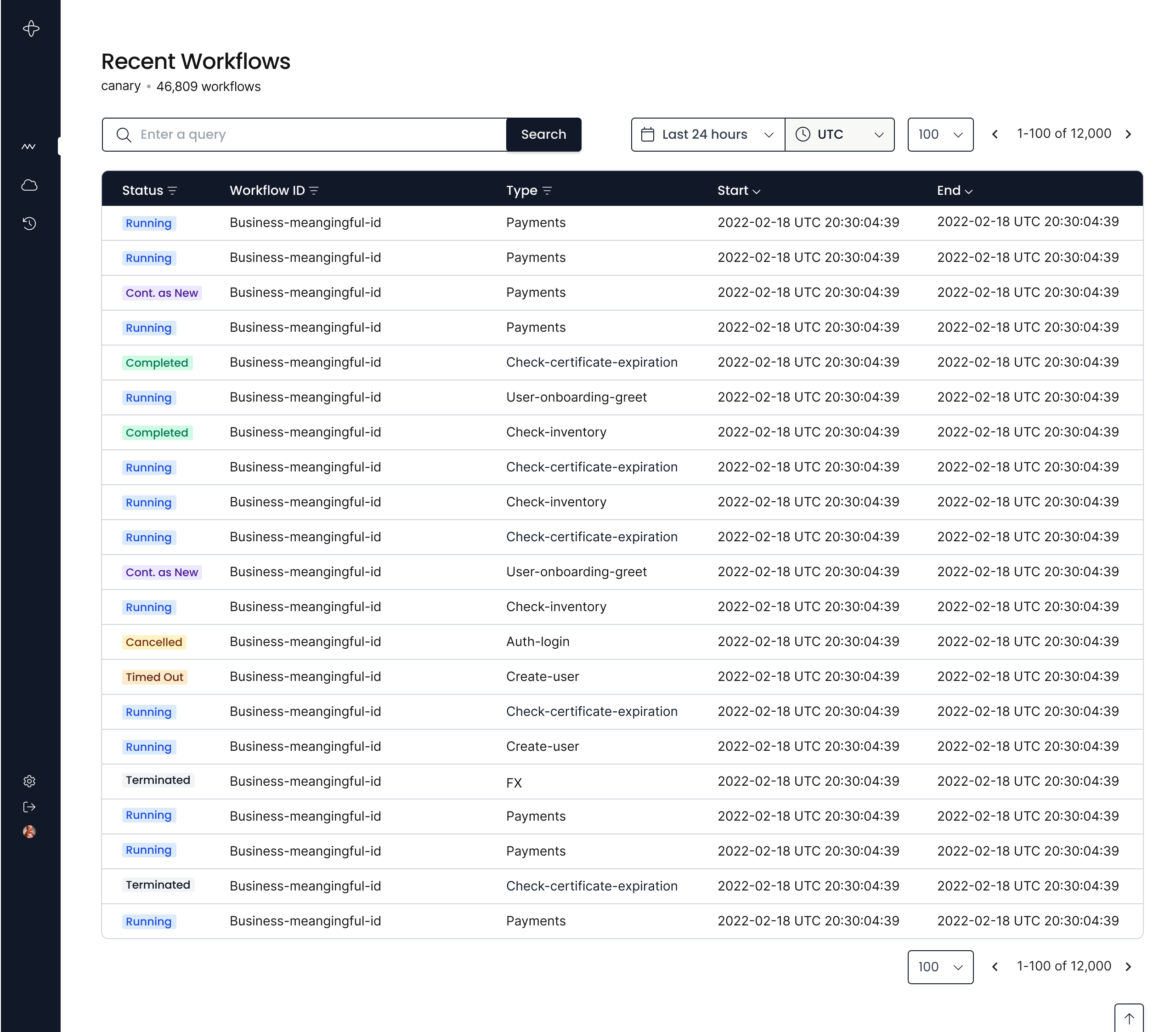 Temporal Web UI showing a running workflow execution list