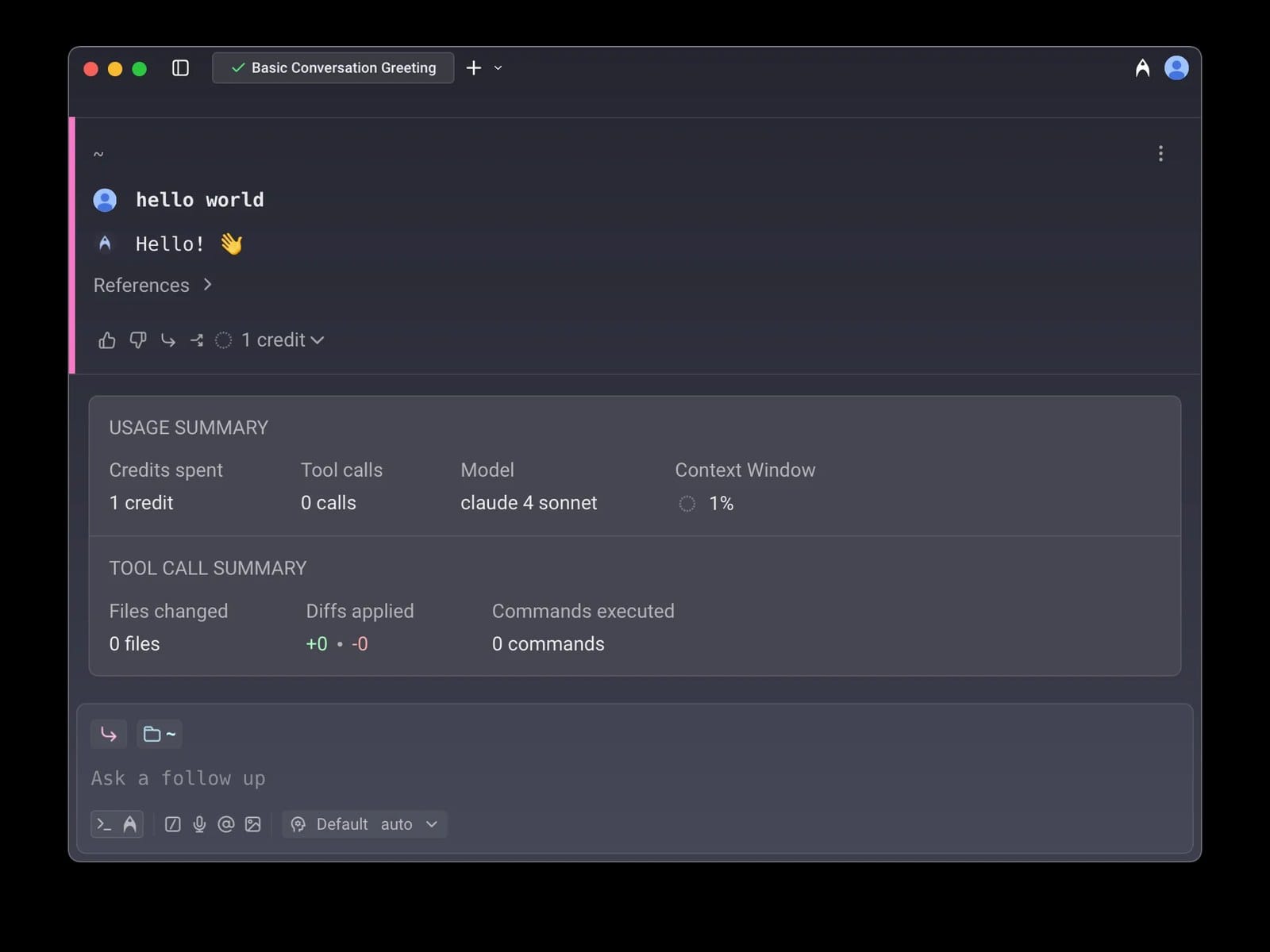 Warp credit usage footer showing credits consumed, tool calls and context window for a single agent turn