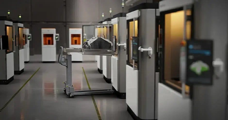 Row of 3D Systems printers in a production facility