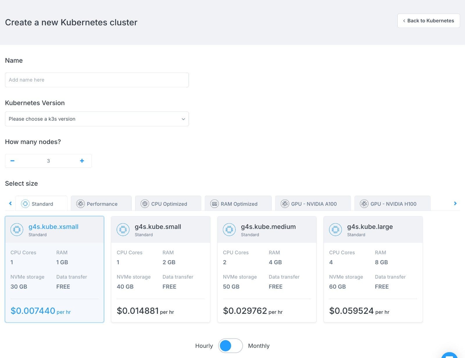 Civo dashboard Kubernetes cluster creation screen