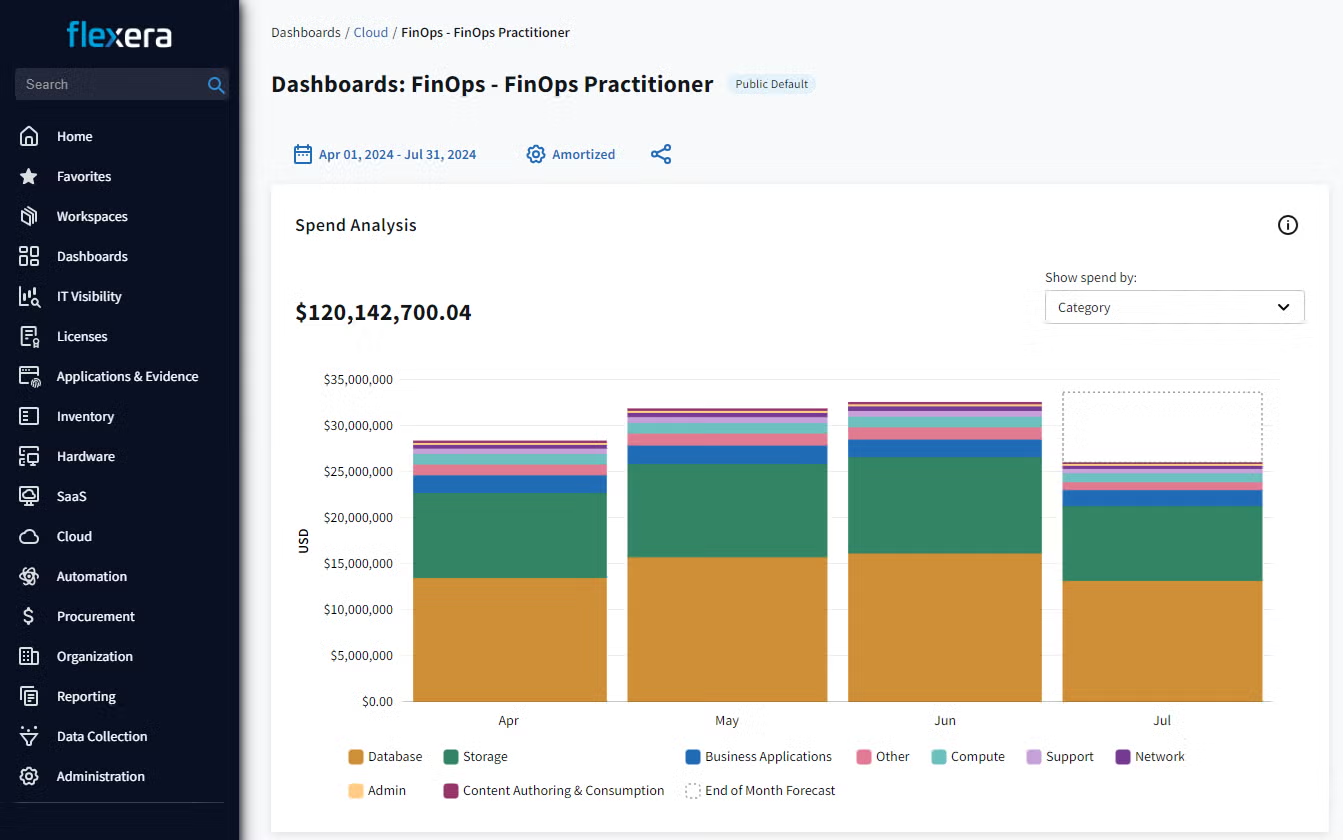 Flexera One FinOps dashboard showing multi-cloud cost visibility and optimization reporting