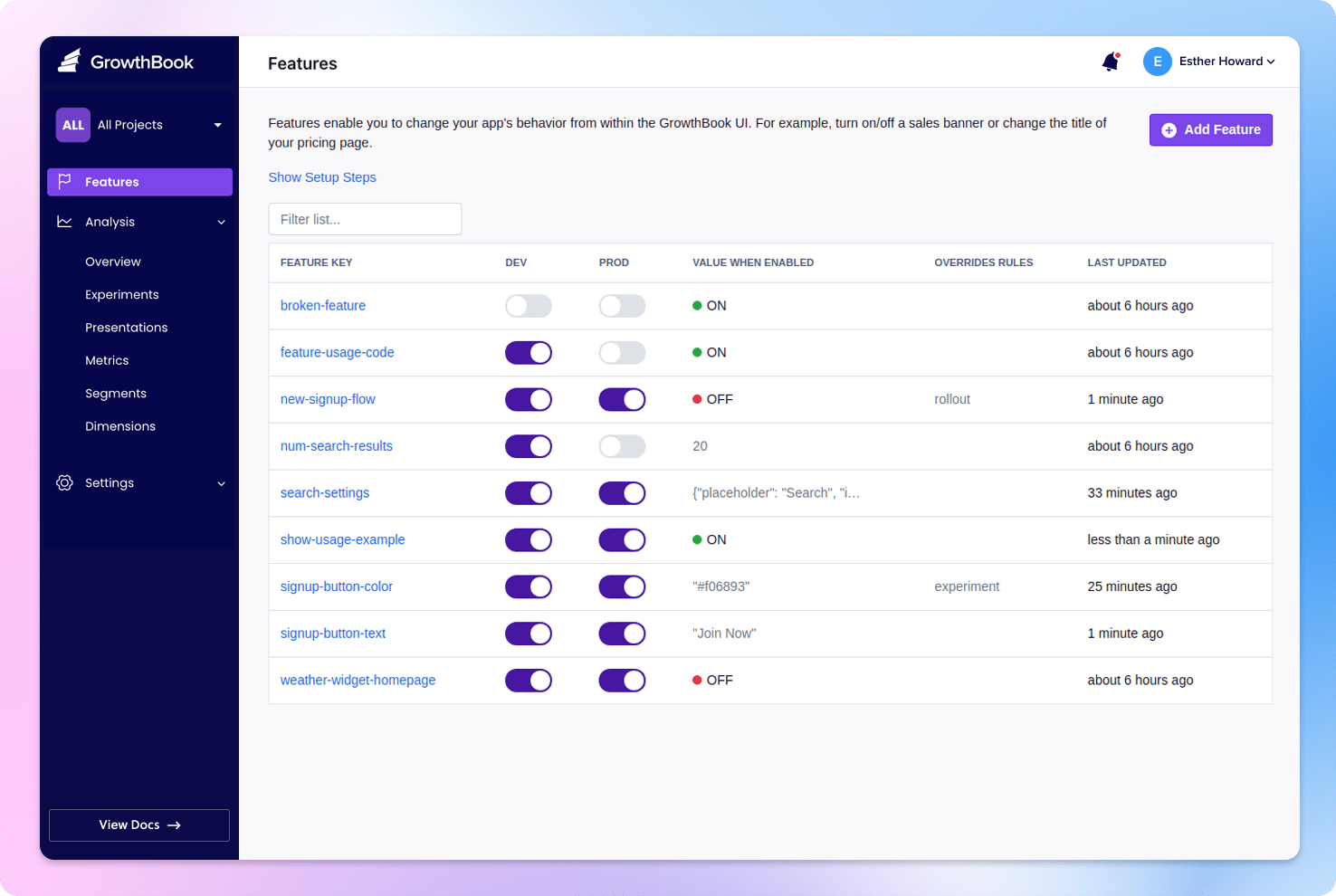 GrowthBook product screenshot showing the feature flag management interface