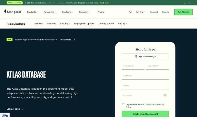 MongoDB Atlas Database product page