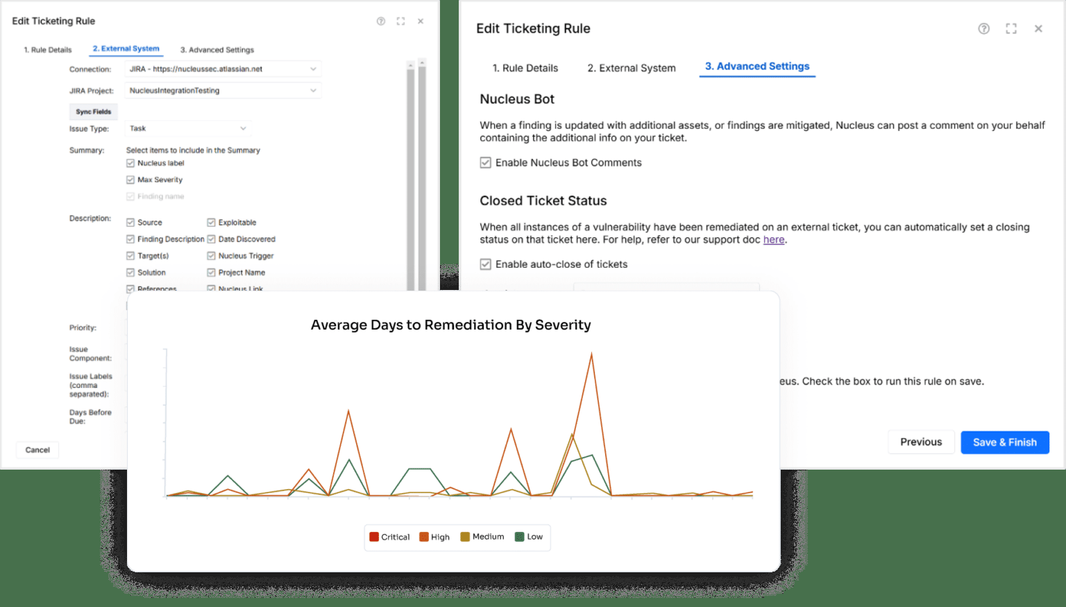 Nucleus Security ticketing rule configuration for Jira alongside an average days to remediation chart