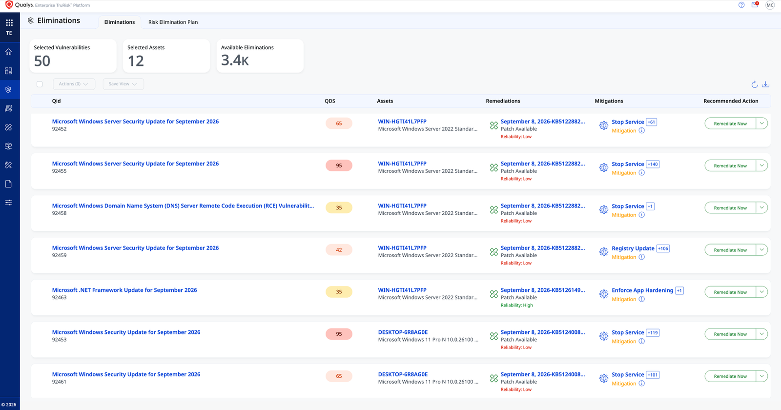 Qualys Enterprise TruRisk Platform eliminations screen listing QIDs with detection scores and remediation actions