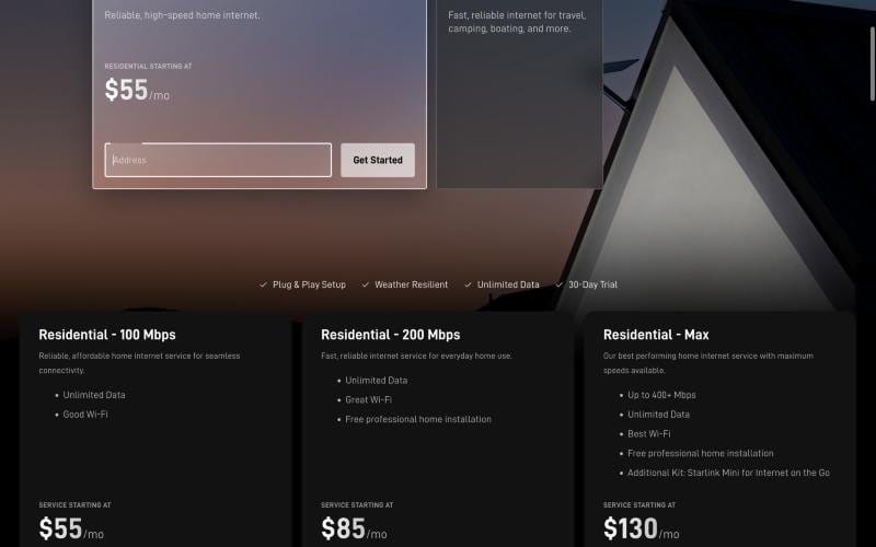 Starlink residential plans and pricing on starlink.com