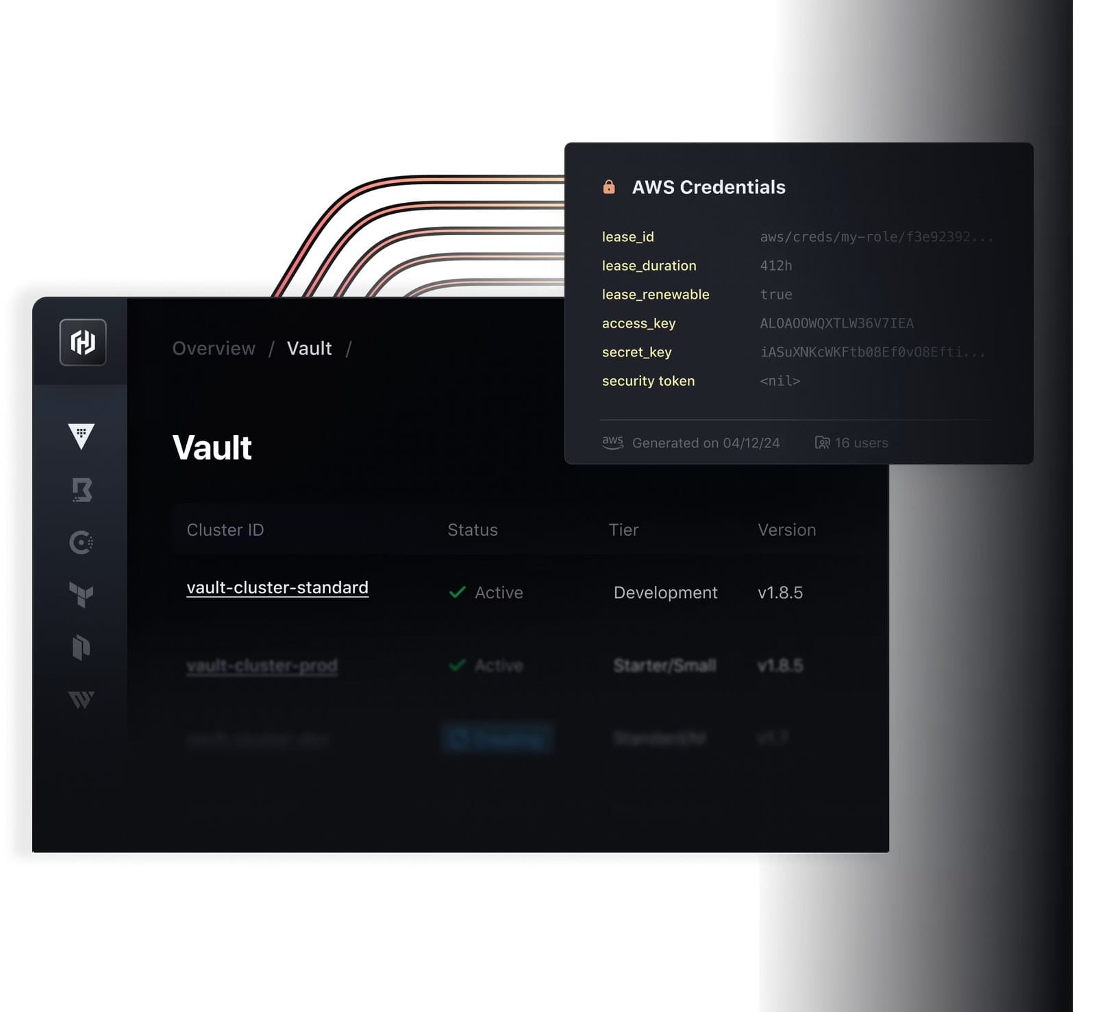 HashiCorp Vault product interface showing secrets management dashboard