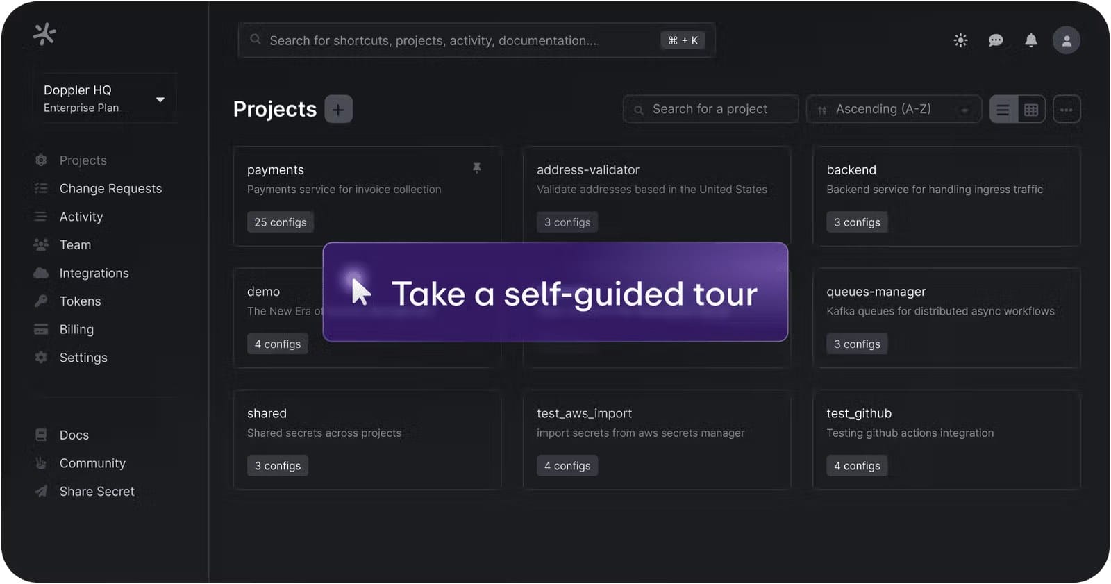 Doppler secrets management dashboard showing environment configuration