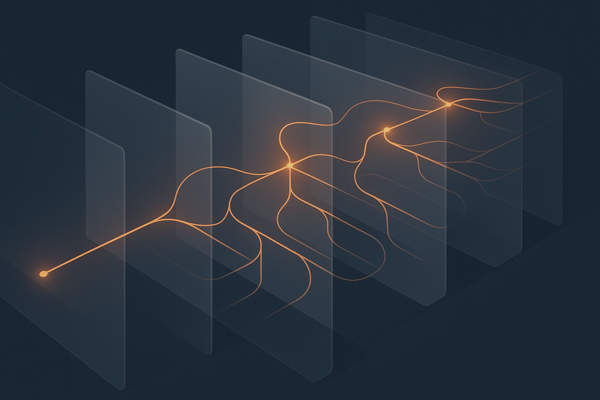 Abstract editorial illustration representing a traced request branching through layered system panels
