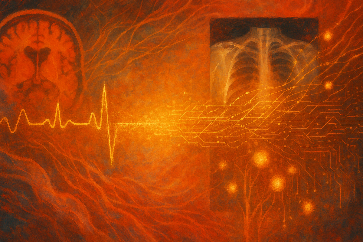 Abstract warm-toned illustration representing AI in healthcare and medicine