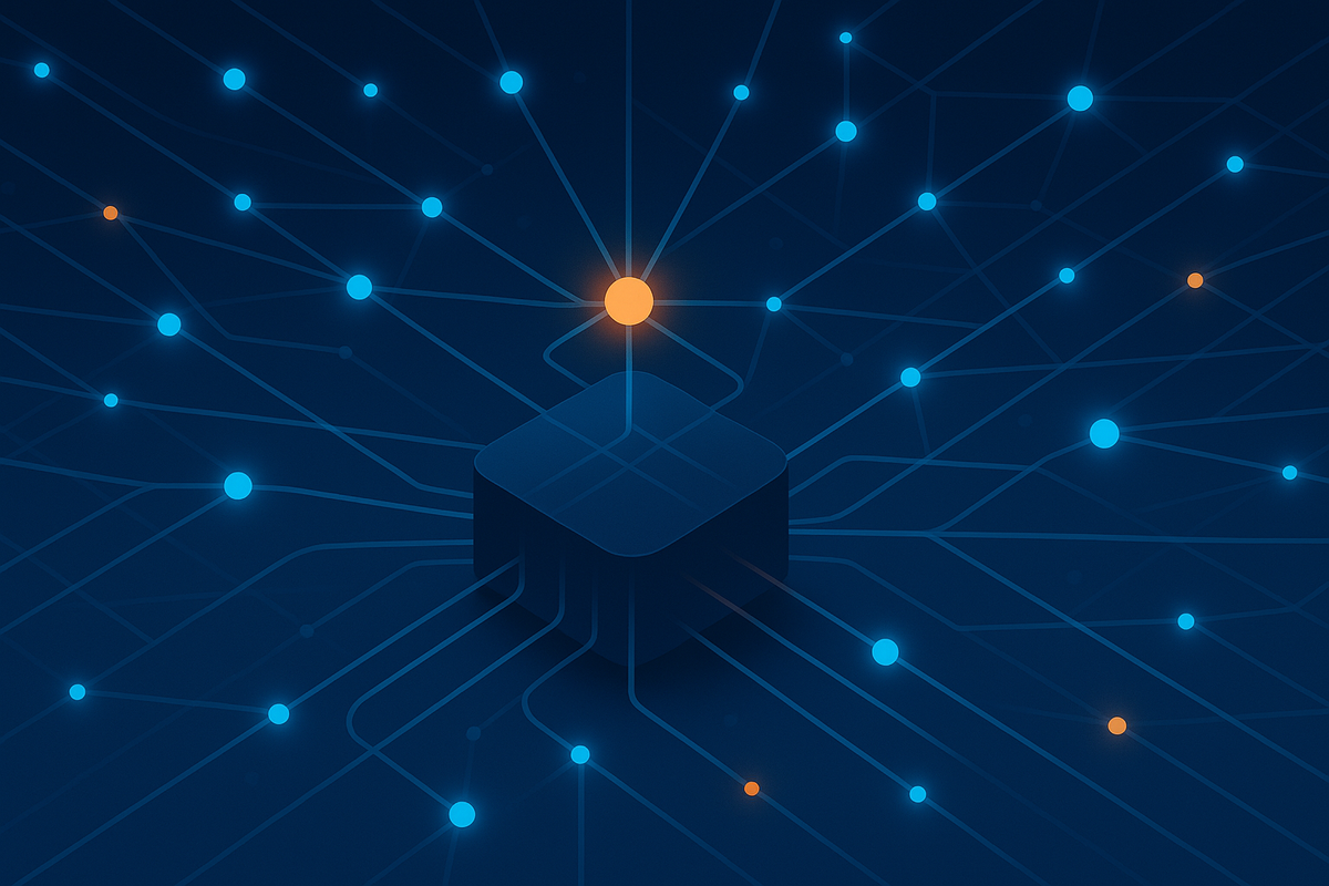 Abstract illustration of a network gateway routing AI traffic