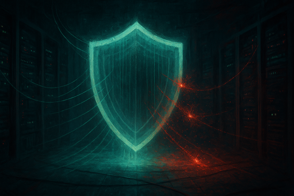 Abstract illustration of a glowing shield filtering data streams, representing AI guardrails and security