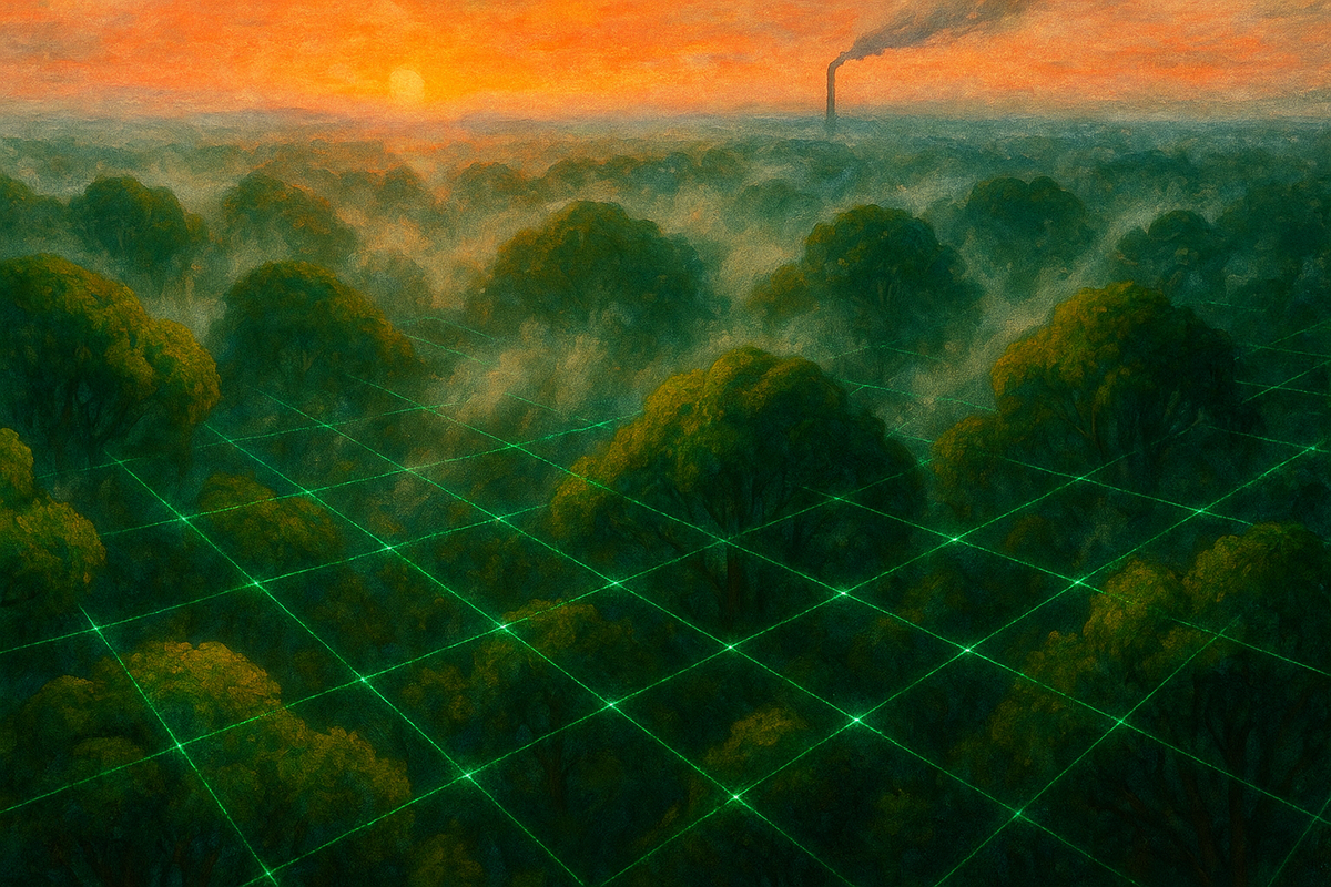 Cinematic illustration of a forest canopy overlaid with a glowing carbon ledger grid