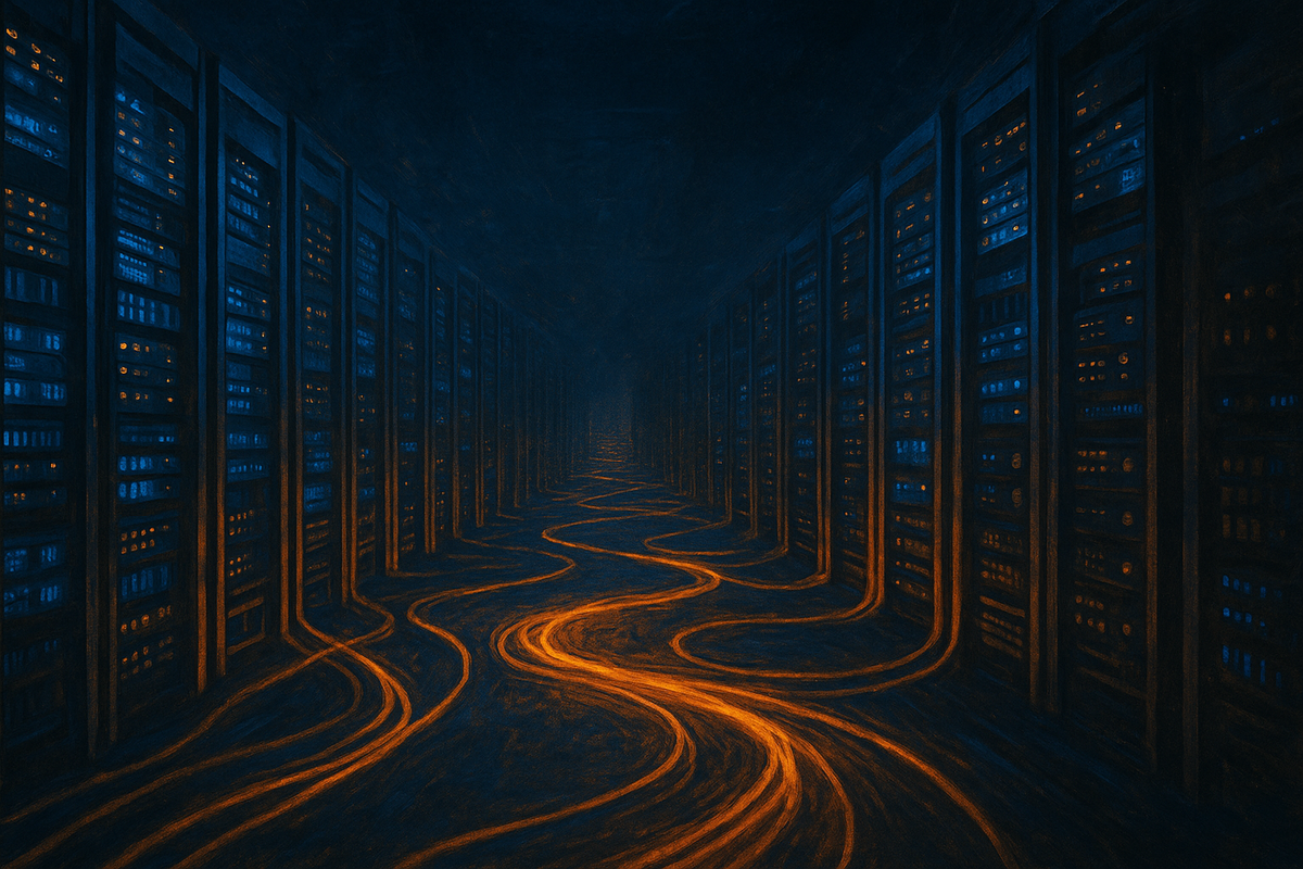 Cinematic illustration of a vast glowing data center representing GPU cloud infrastructure for AI