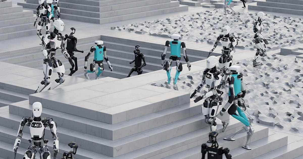 Rendered scene of many bipedal humanoid robots walking across concrete steps and rubble, from NVIDIA's Isaac GR00T platform