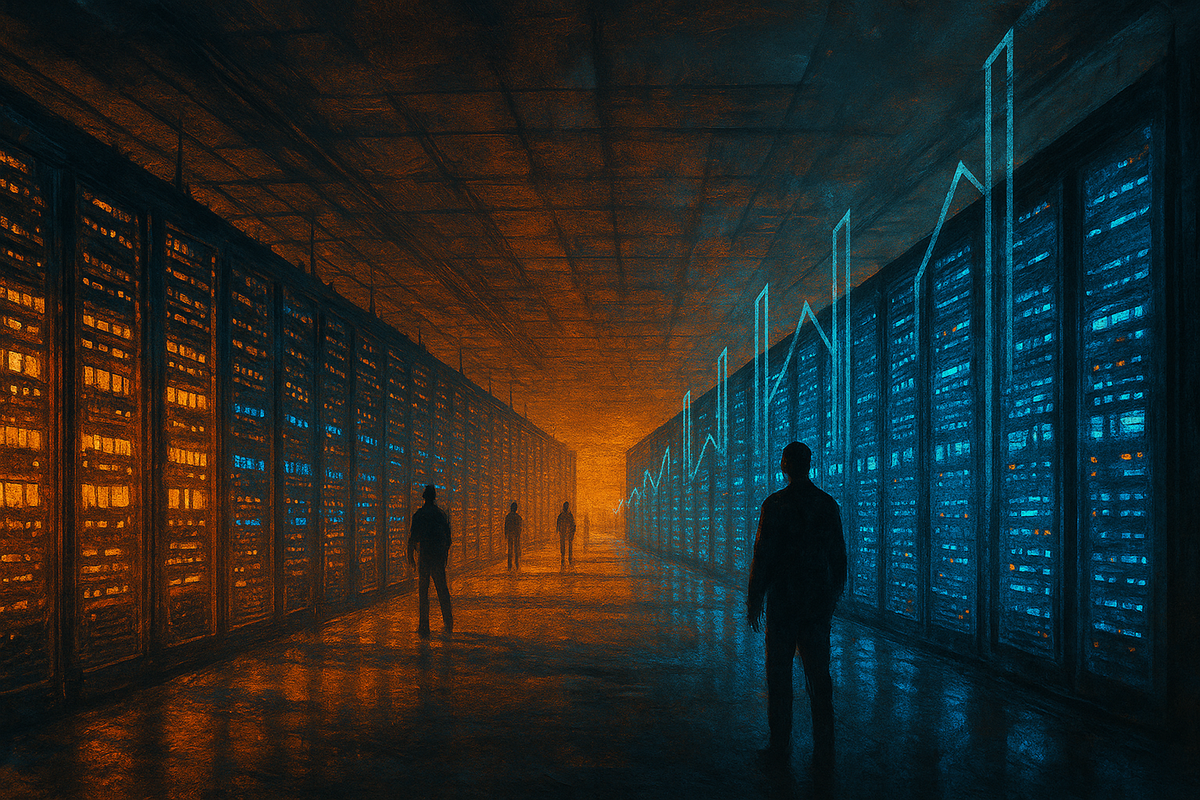 Illustration of a vast AI data center at dusk