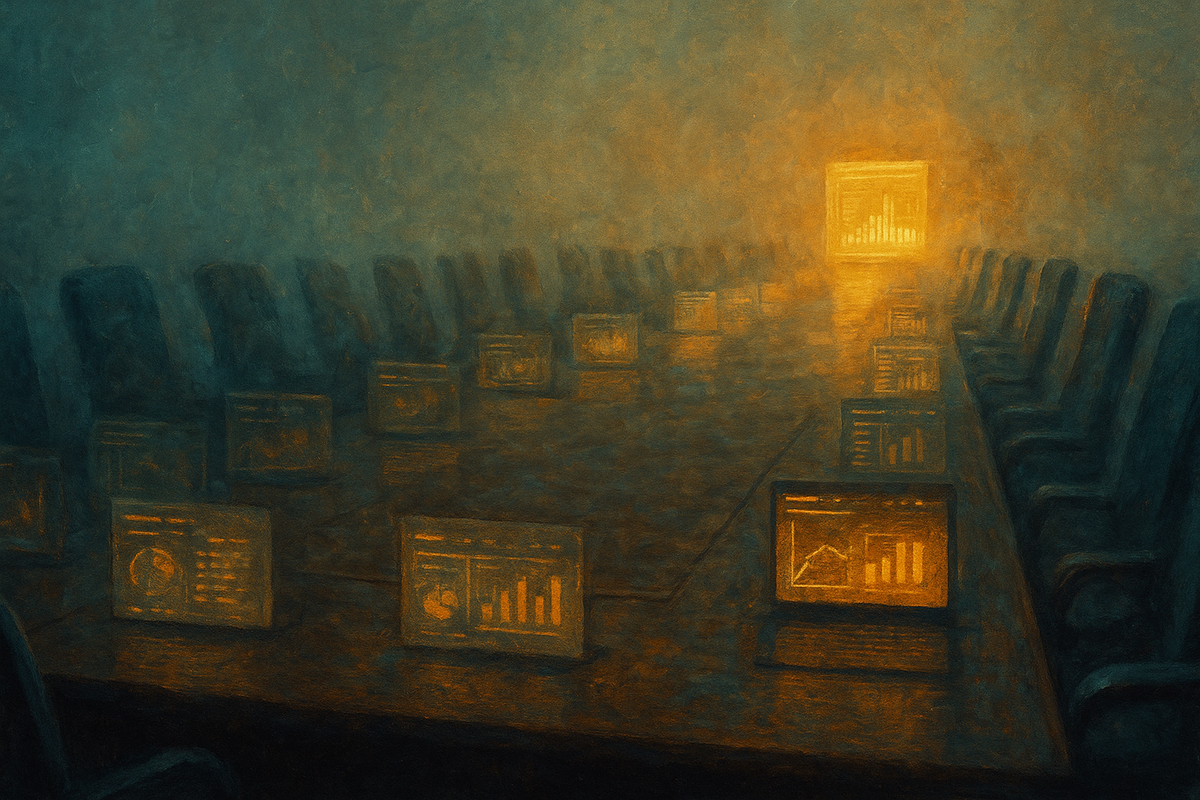 Illustration of glowing dashboards fading in a vast boardroom, representing failed AI pilots