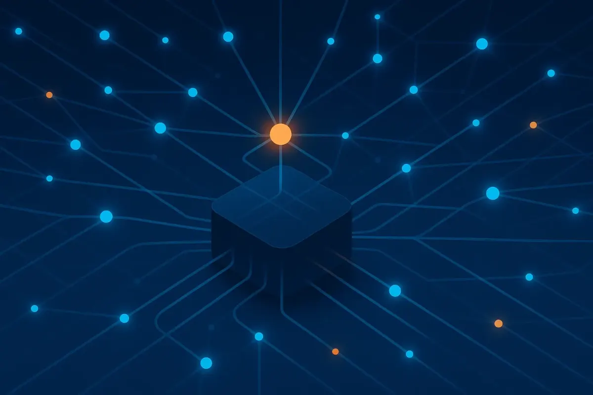 Abstract illustration of a network gateway routing AI traffic