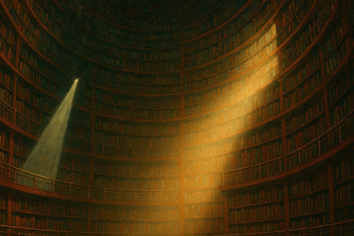 Vast library with one narrow searchlight on a single book and one broad flood of light across whole shelves