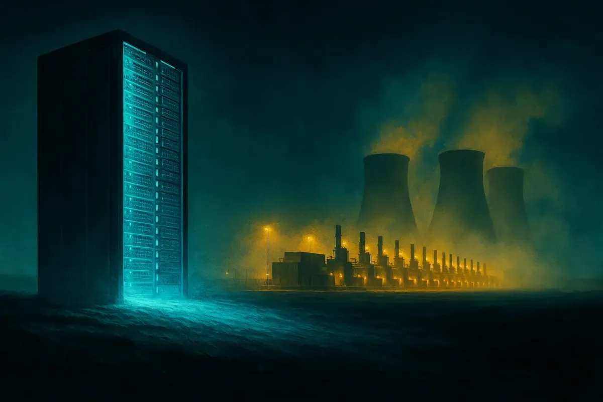 Editorial illustration of a vast glowing server hall connected to distant cooling towers across a dark plain
