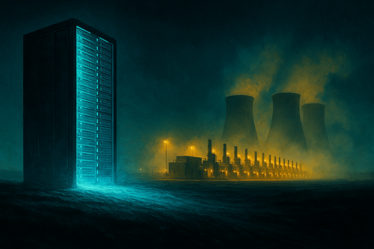 Editorial illustration of a vast glowing server hall connected to distant cooling towers across a dark plain