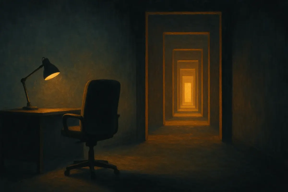 Conceptual illustration of an empty office chair before a corridor of glowing doorways