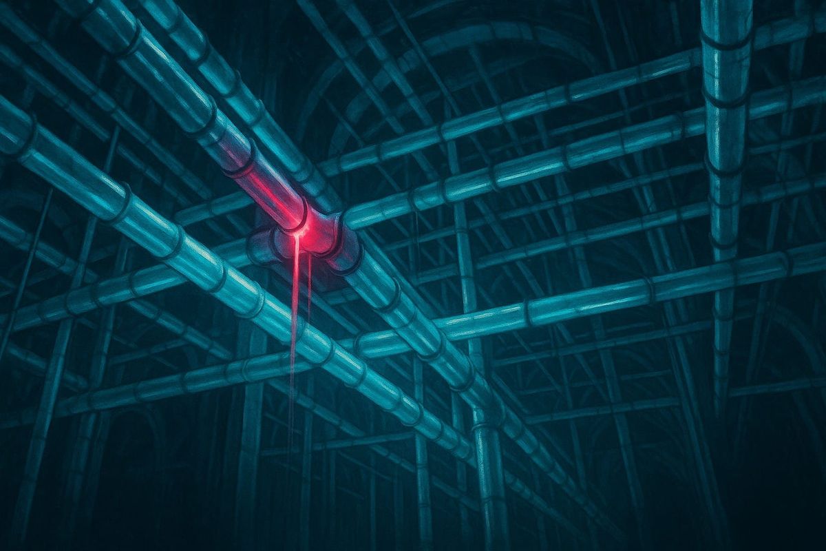 Illustration of a vast lattice of glowing conduits with one breached seam