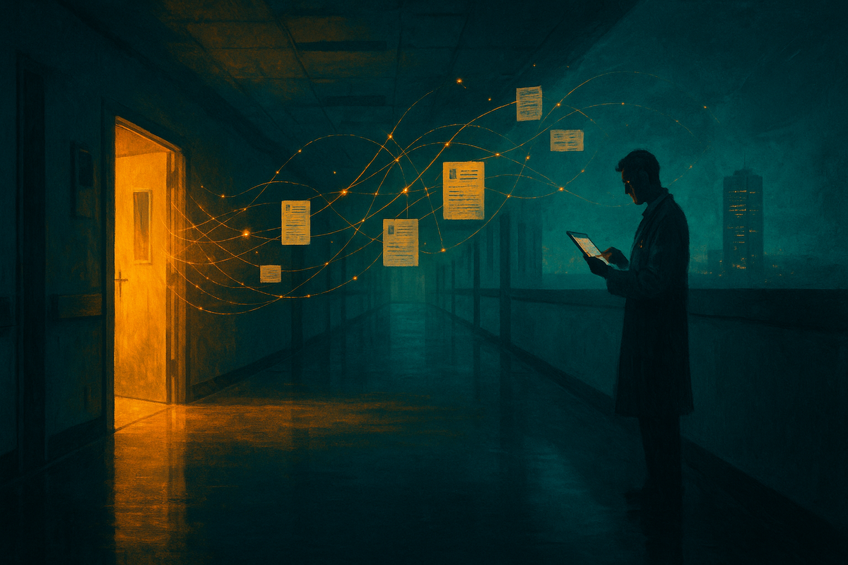 Editorial illustration of a hospital corridor with glowing data threads representing AI reading patient records