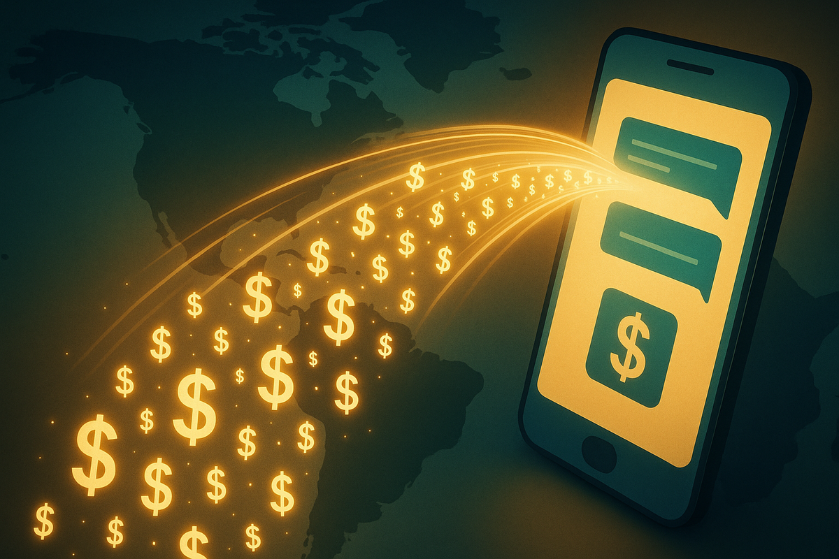 Abstract illustration of digital money and light streams flowing from a smartphone across a map of the Americas