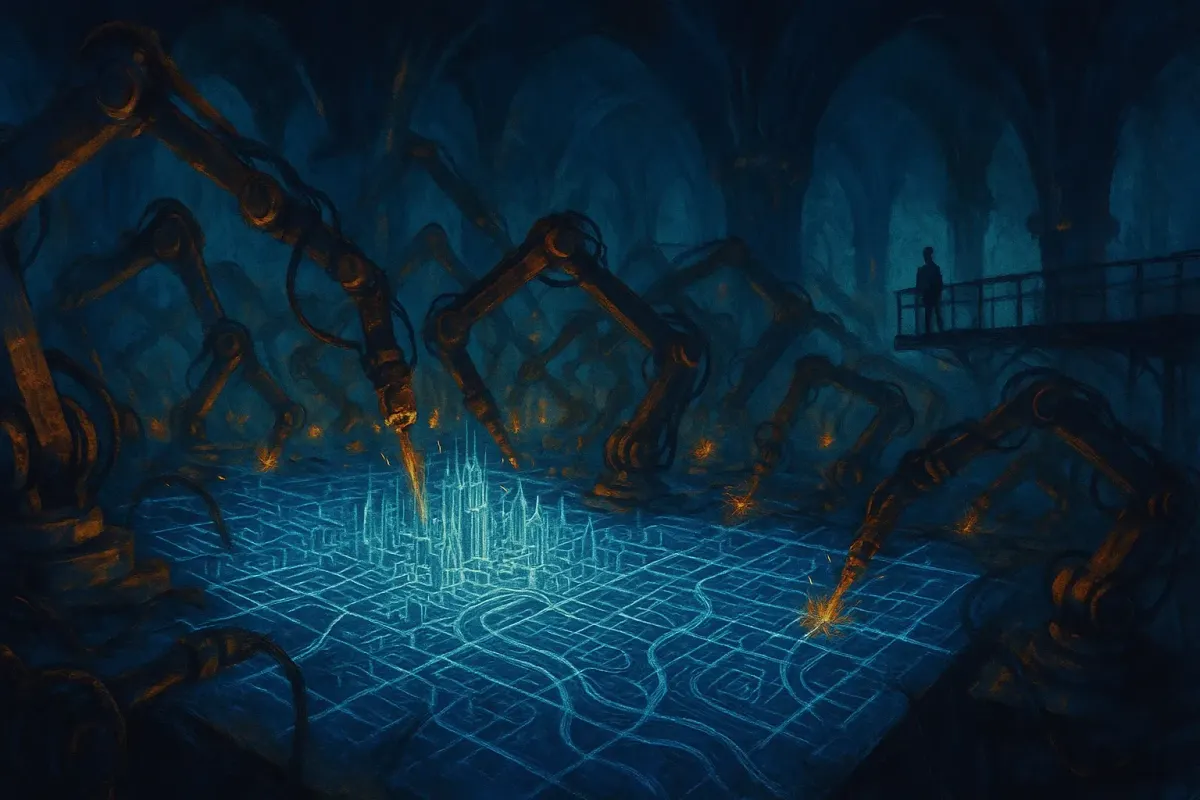 Editorial illustration of a vast automated workshop assembling glowing architectural blueprints at night