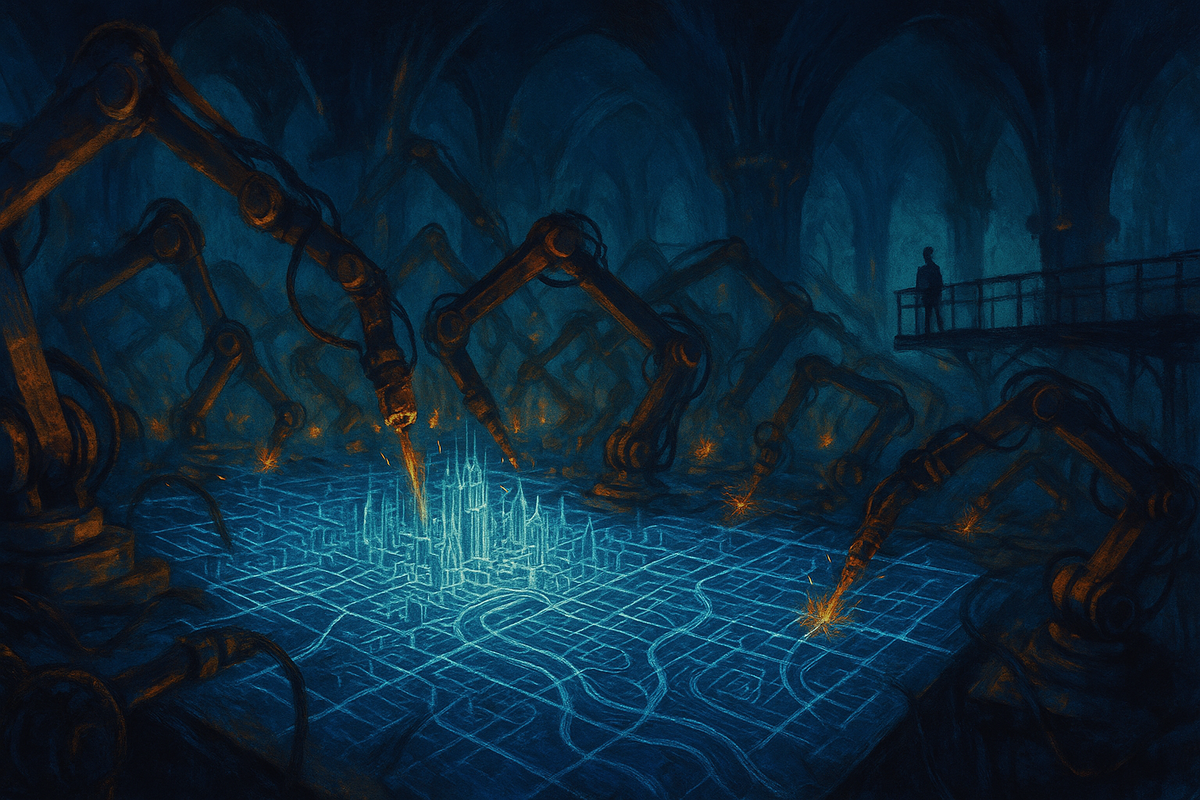 Editorial illustration of a vast automated workshop assembling glowing architectural blueprints at night