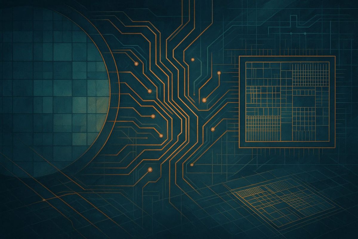 Editorial illustration of semiconductor EDA and chip design software