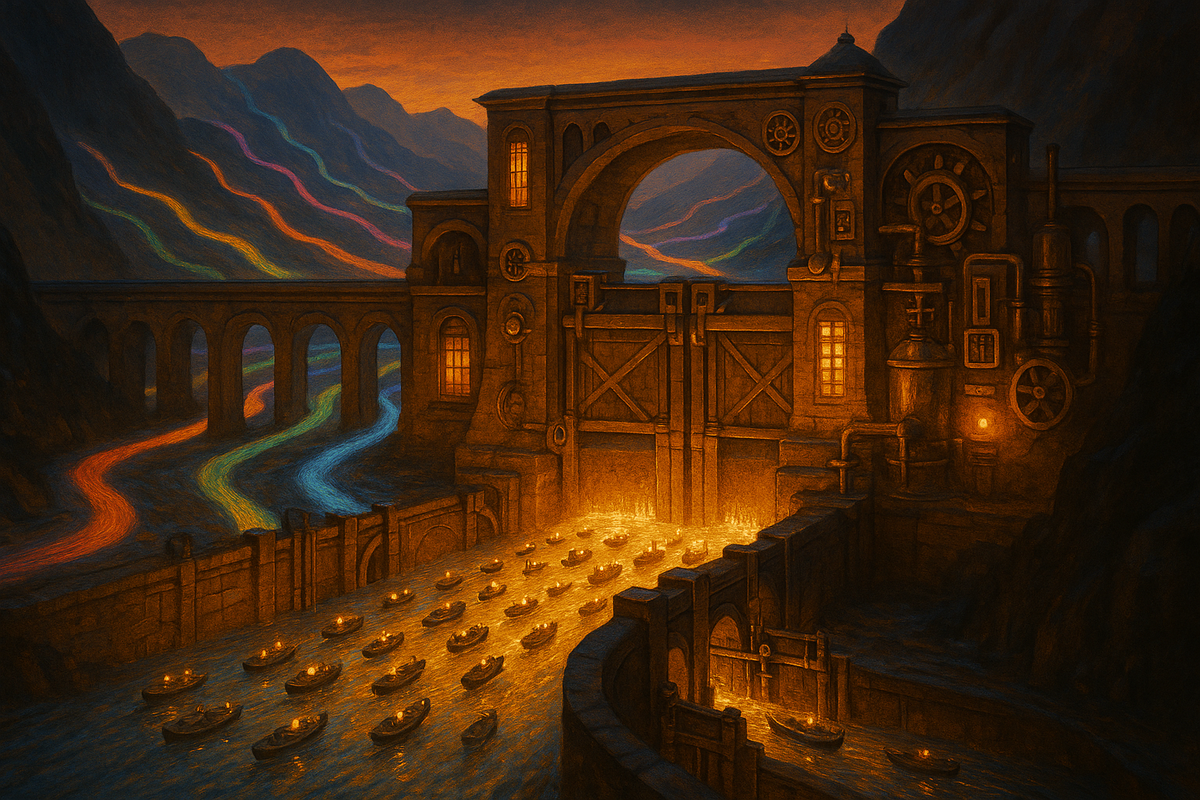 A vast amber tollbooth and river-lock system channeling many glowing streams of light into one gate, symbolizing the AI gateway chokepoint