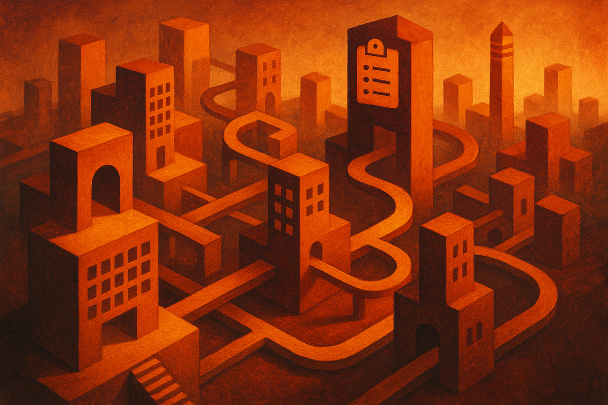 Abstract editorial illustration of an interconnected architectural network representing an engineering control tower