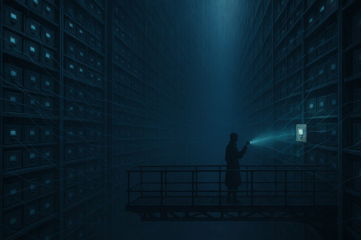 Cinematic illustration of a vast cold-lit archive with a single beam picking out one drawer among thousands