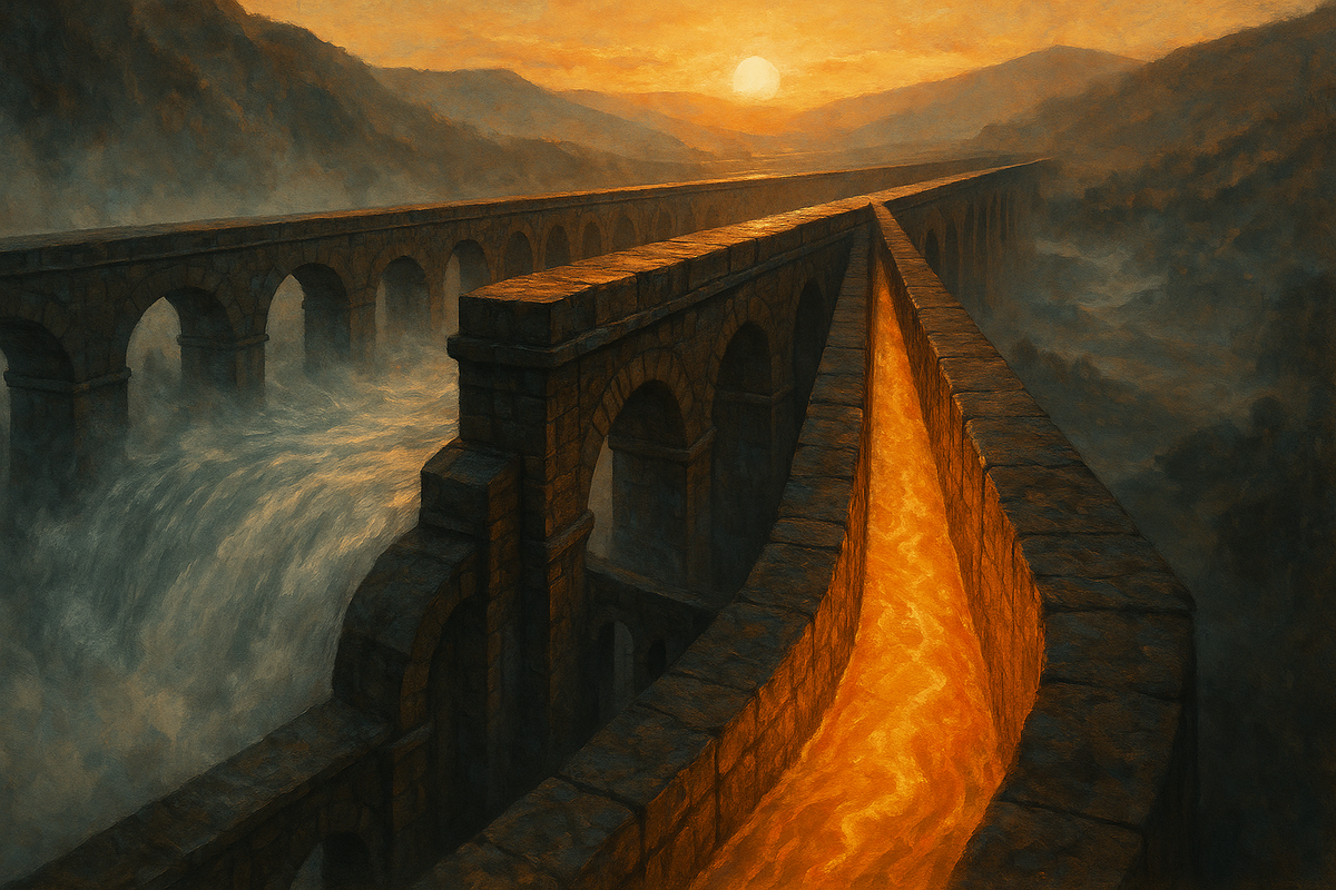 Editorial illustration of two unequal streams converging, representing open-weight token volume against closed-model revenue share