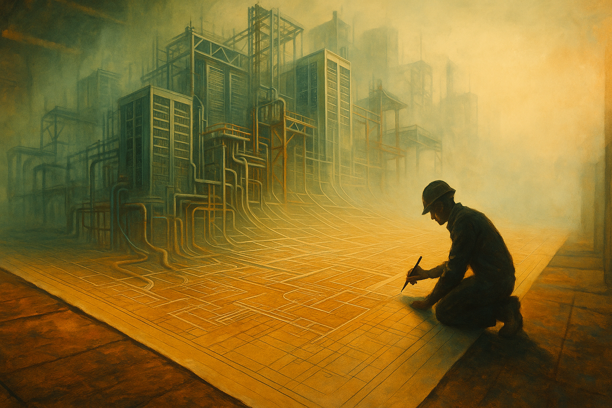 Illustration of an architectural blueprint rising off the page into a half-built city of server halls