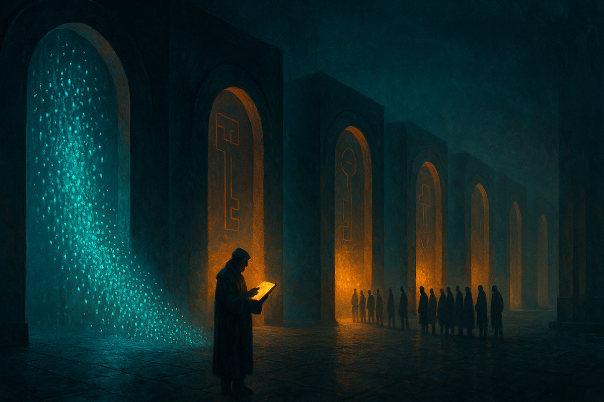 Illustration of many identity gates, most traffic passing through as machine and agent identities