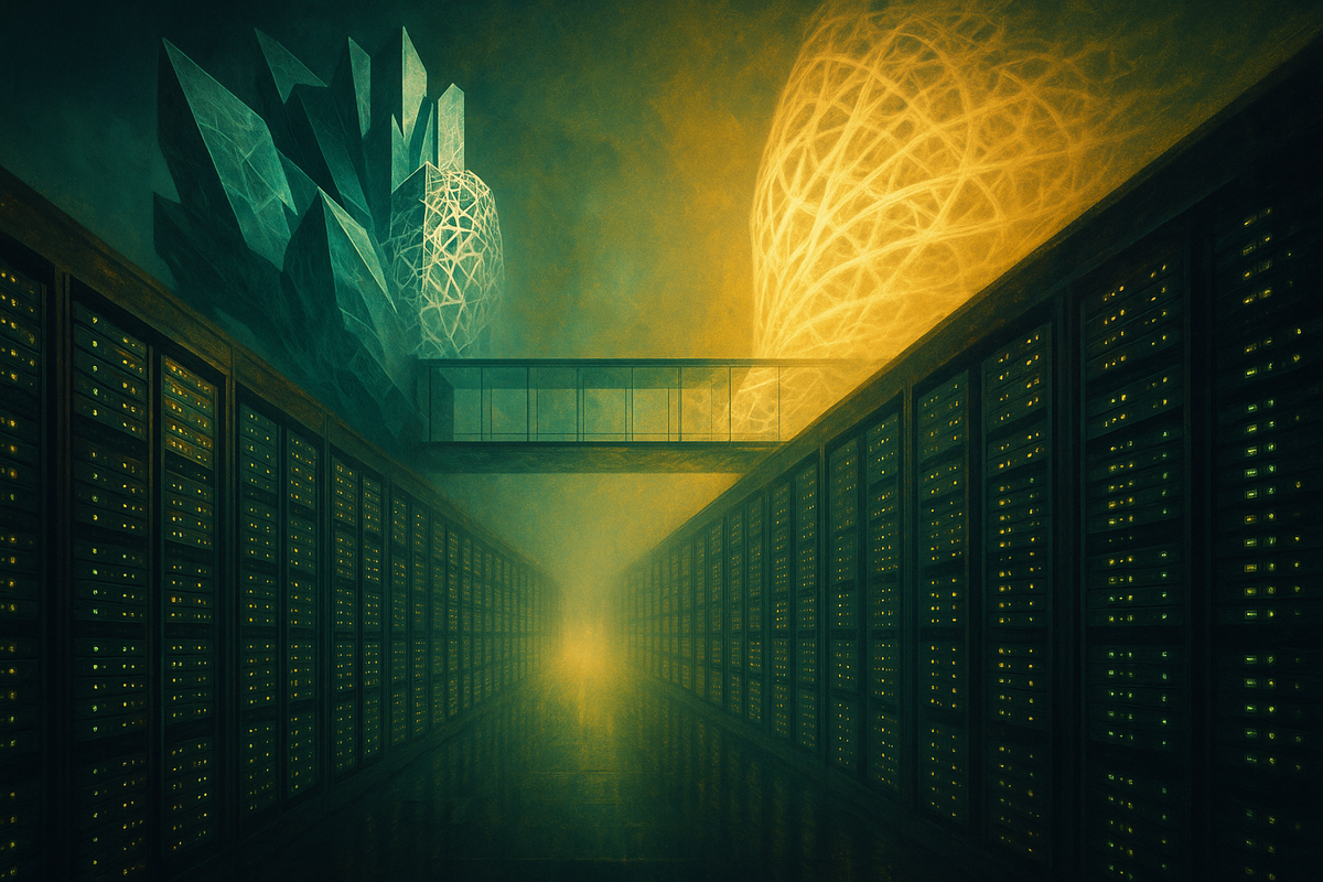 Editorial illustration of a chip-based structure connected to an open network lattice, symbolizing Nvidia's acquisition of Hugging Face