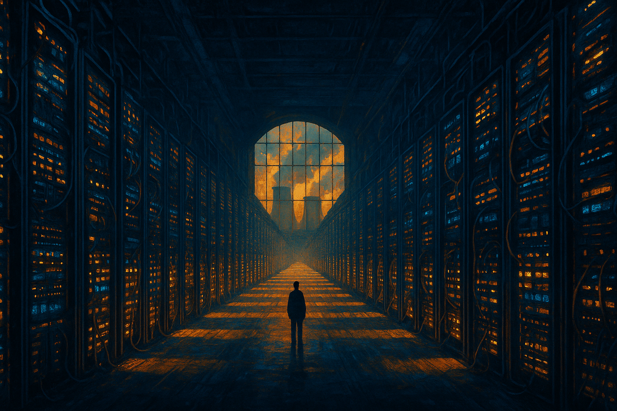 Rows of illuminated server racks stretching through a vast AI data center hall